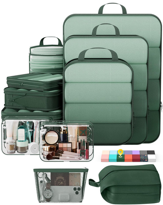 Veken 11-Pack Compression Packing Cubes for Travel Essentials,Compressible Expandable Large Luggage Suitcase Organizer Bags for Clothing,Durable Space Saver Bags with Toiletry Bags(Dark Green)