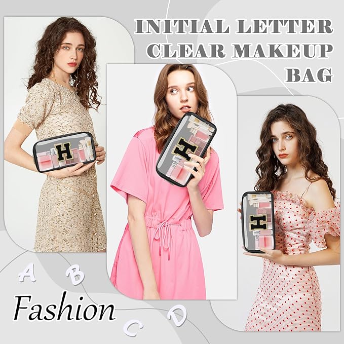 Personalized Initial Letter Clear Makeup Bag,Preppy Small Nylon&PVC Cosmetic Zipper Bag with Chenille Letter,Travel Skincare Toiletry Bag,Monogram Christmas Gift for Teen Girls Women,H
