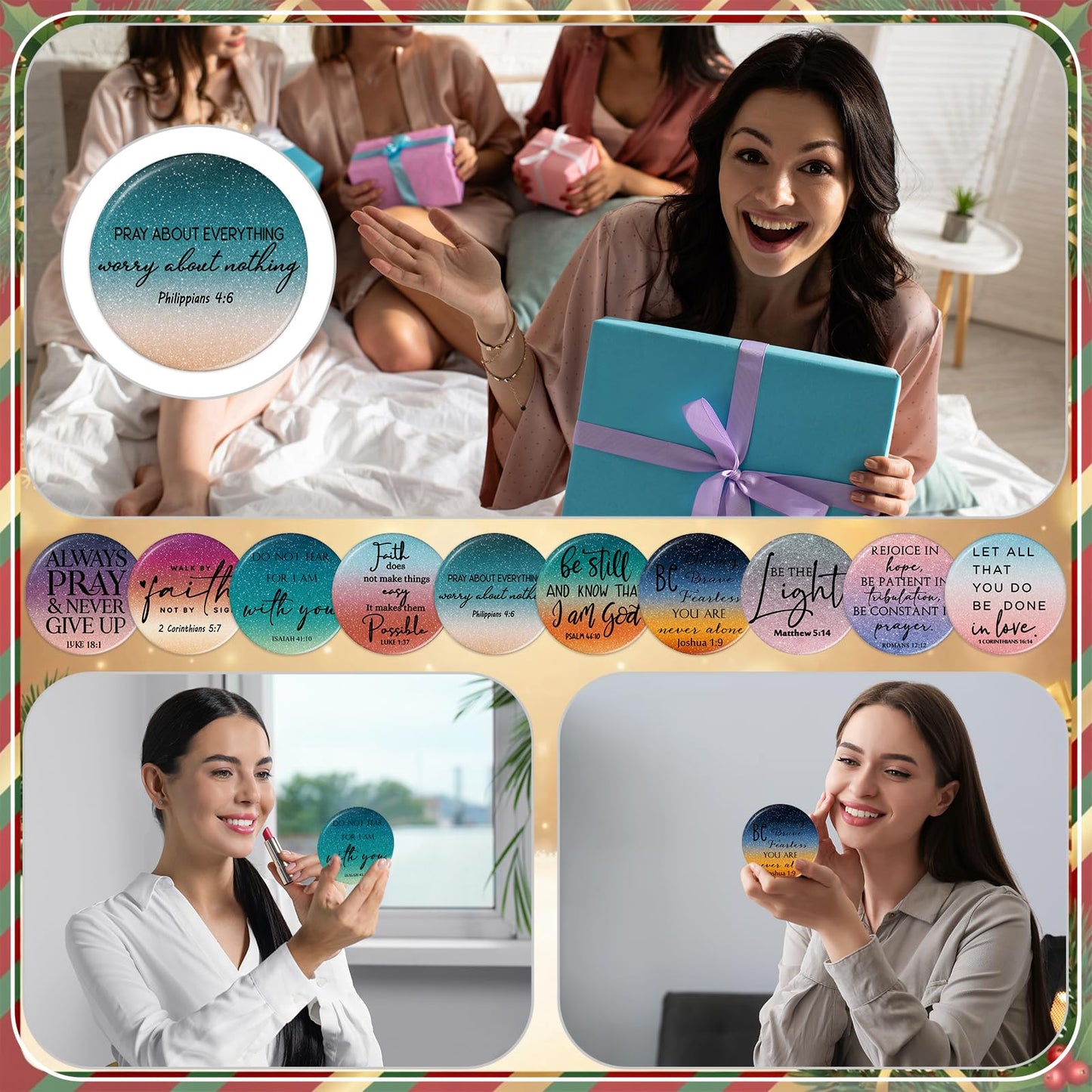 GlikCeil 40 Pcs Christian Compact Mirror Bulk for Women Inspirational Bible Verse Pocket Mirrors Mini Purse Makeup Mirror Christian Church Gift for Women VBS Church Party Favors