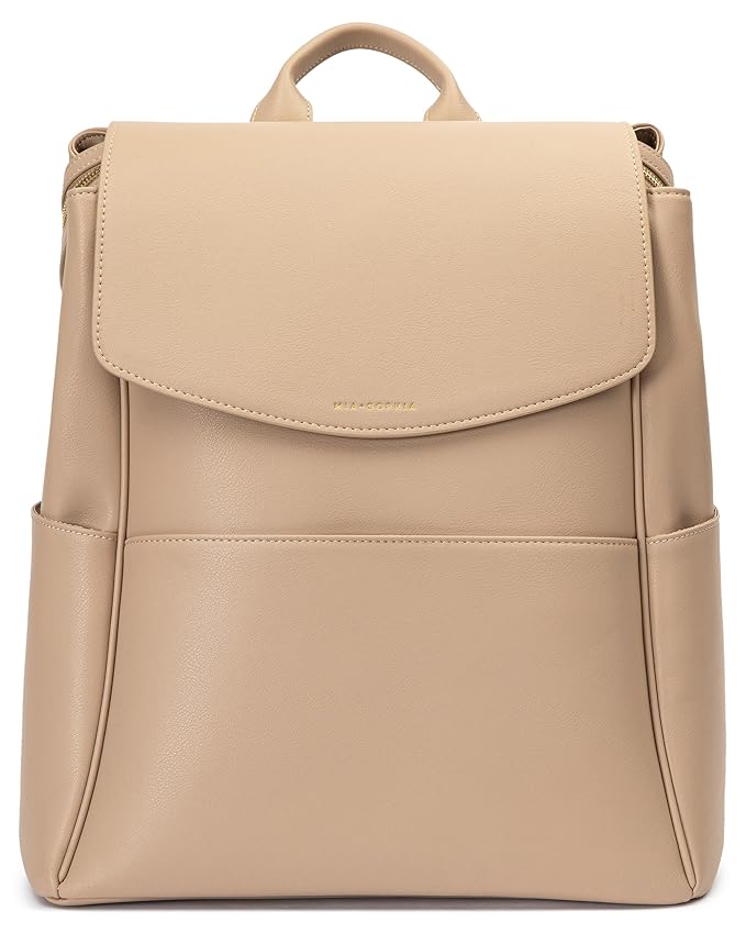 MIA + SOPHIA Leather Diaper Bag Backpack with USB Charging port, Changing Pad, Stroller Straps, and Bottle Holder (Beige Olivia)