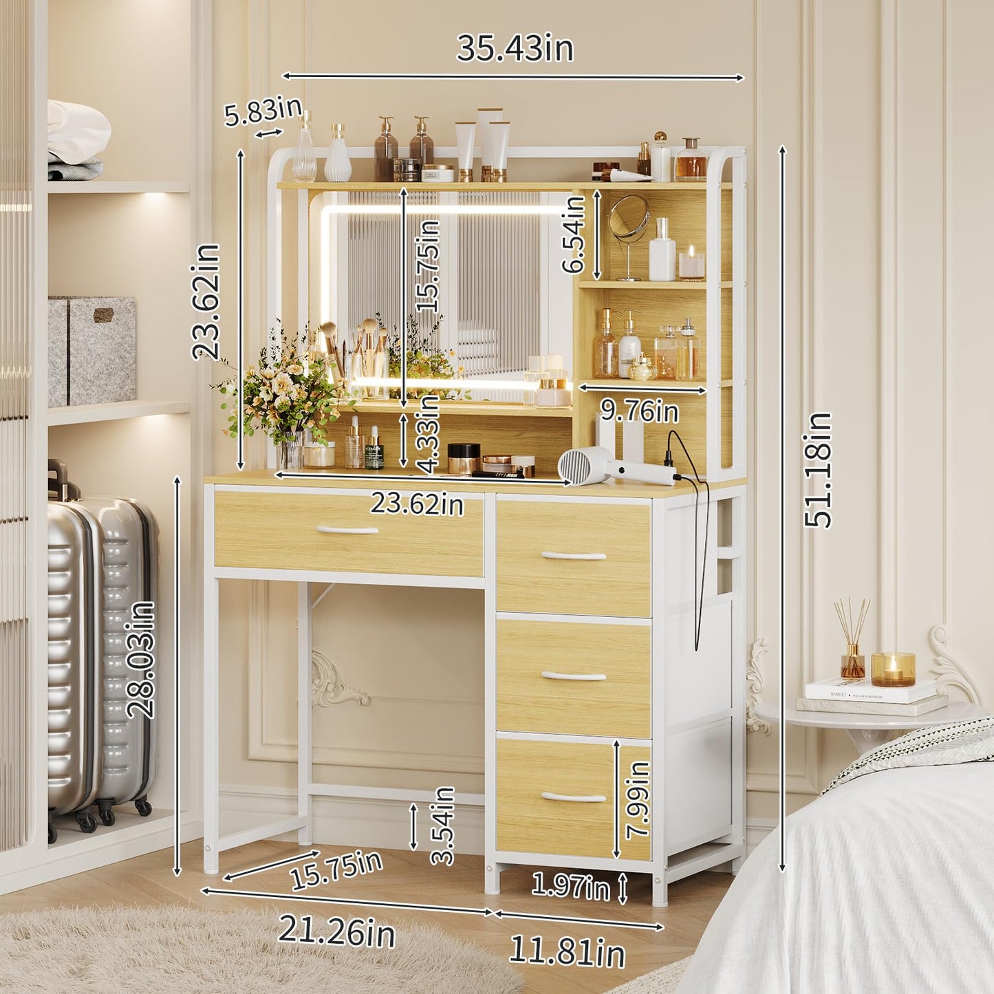 GarveeHome Vanity Desk with Mirror, 35.4” Makeup Vanity Table with Shelves, 4 Fabric Drawers Storage, Modern Dressing Table for Bedroom, Gift for Women