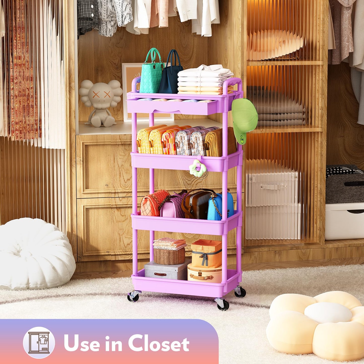 SUNALLY Makeup Cart Organizer with Drawers, 4 Tier Floor Skincare Organizers for Vanity, Rolling Makeup Bathroom Storage Cart Cosmetics Display Cases for Skin Care Perfume Nail Polish, Purple