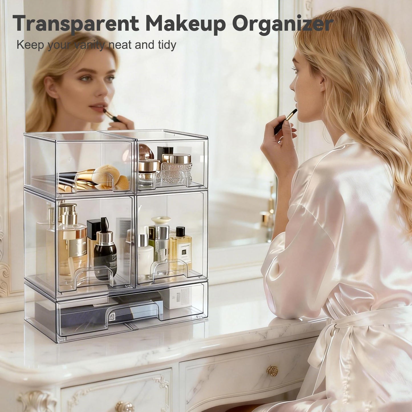 Hvygss Clear Stackable Storage Drawers, Pull-Out Makeup Organizer, Transparent Baby Bottle Organizer, Storage Bins Suitable for Vanity Tables, Bathrooms, Kitchens (5 Pack)