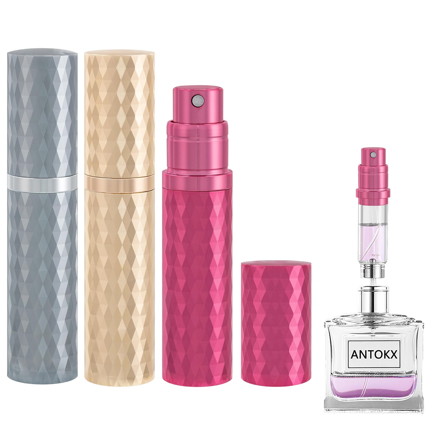 ANTOKX Refillable Perfume Bottle Travel Atomizer - 5ML Luxury Leakproof Travel Perfume Atomizer Refillable, Perfume Travel Spray Bottle, Mini Perfume Bottle (Grey & Gold & Rose Red)