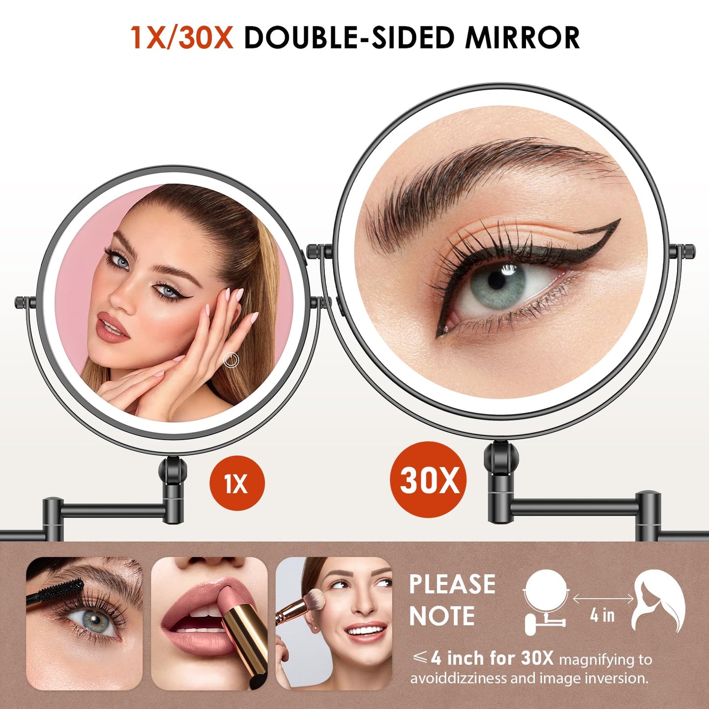 ZLOKLA 9" Wall Mounted Lighted Makeup Mirror,4000mAh Rechargeable Double Sided 1X/30X Magnifying Mirror with Light,Touch Dimmable,Extended Arm 360 Rotation Wall Mounted Makeup Mirror 3 Color Lights