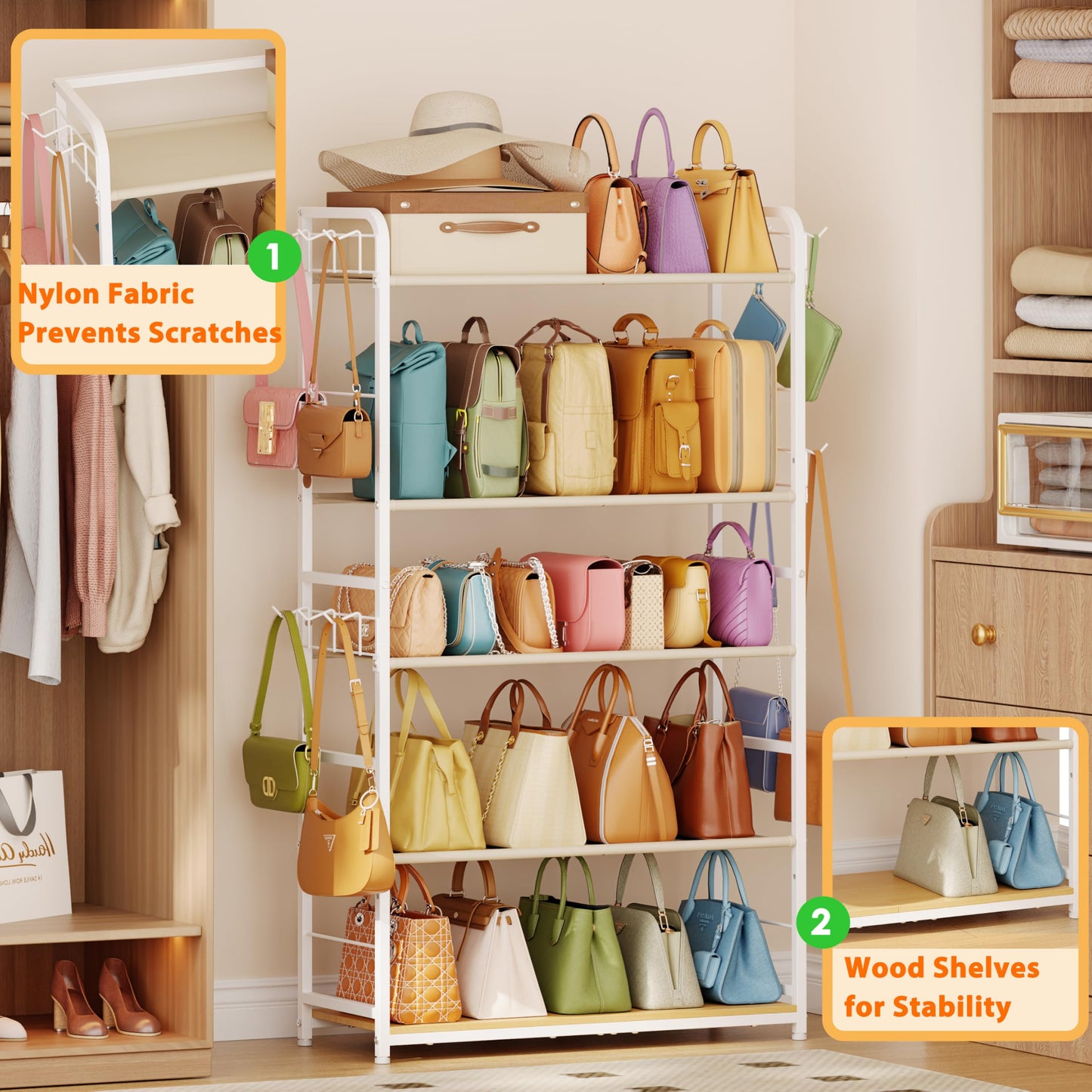 Purse Organizer for Closet, Extra Long 5-Tier Tall Purse Rack Stand with Adjustable Shelves & 12 Hooks, Large Capacity Purse Storage Display Shelf for Tote Bags, Crossbody Bags, Handbag, Dressing Room