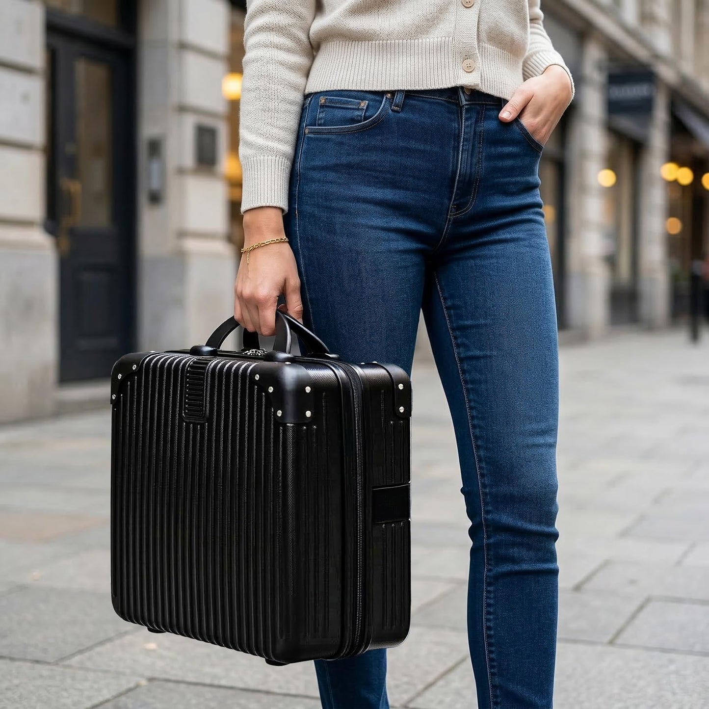 Acshio Hard Shell Cosmetic Travel Case, 17 Inch Small Portable Makeup Train Case with Elastic Band Handle, Pressure-proof ABS Carrying Suitcase Toiletry Box for Travel, Camping, Black
