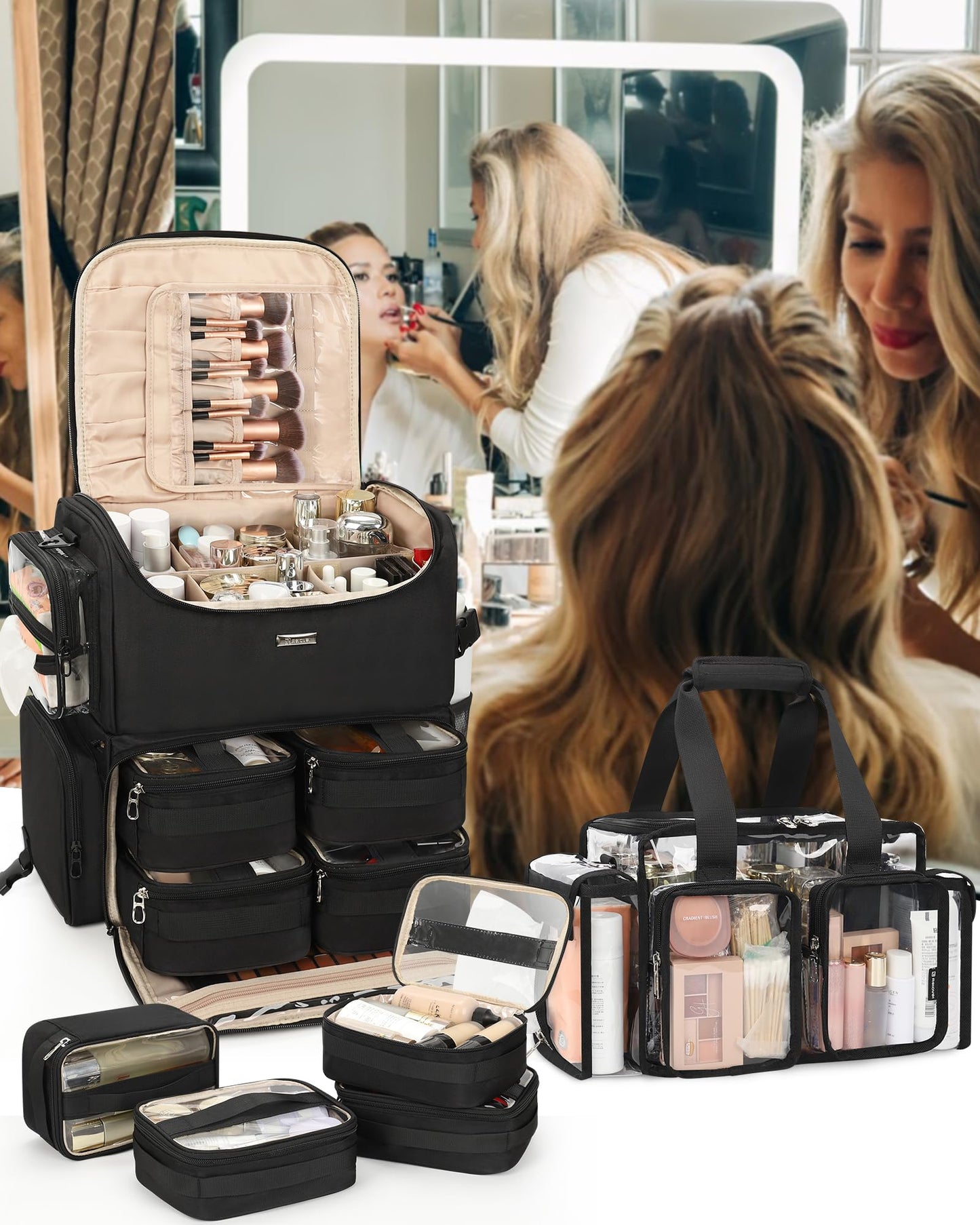Relavel Rolling Makeup Train Case, Cosmetology Case on Wheels with 4 Clear Bags and Clear Makeup Bag, Professional Makeup Artist Set Bags Organizer with 360° Spinner Wheels