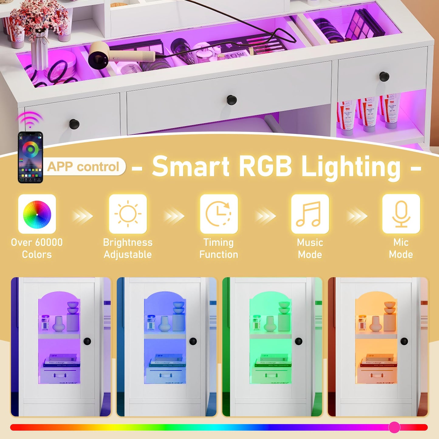 43.2" Vanity Desk with LED Mirror and RGB Glass Light Cabinets, Dressing Table with 3 Drawers, Storage Shelves, Glass Top, Adjustable 3-Color Lighting, Charging Station and Stool for Bedroom, White