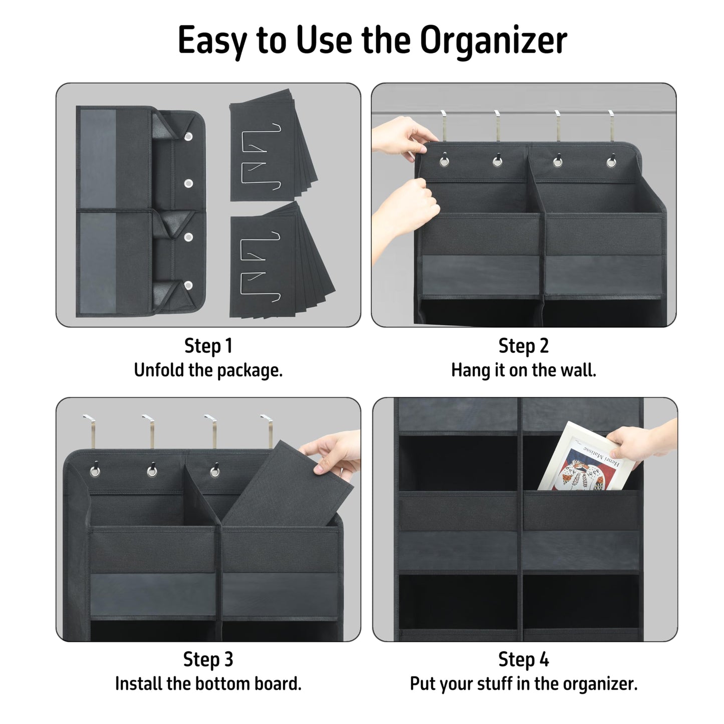 Giraffe Creation Black Over Door Organizer with 10 Large Clear Pockets, Double-Row Hanging Door Storage for Closet, Bathroom, Nursery, Bedroom, Dorm, Toys, Cosmetics, Baby Essentials