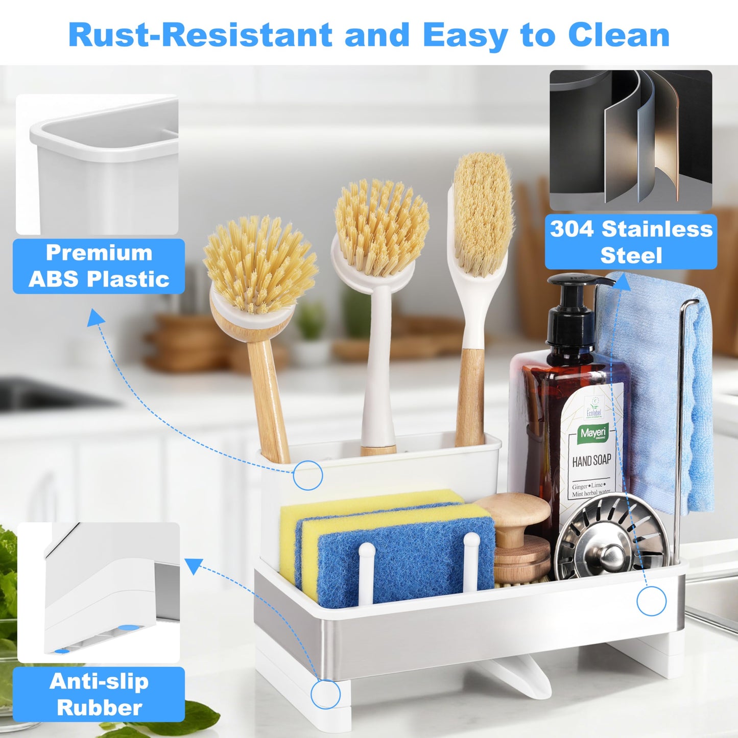 Ouletoy Kitchen Sink Caddy Organizer, Stainless Steel Sponge Holder, Kitchen Caddy Sink Organizer with Dish Brush Holder and Dishcloth Rack, Rustproof Dish Sponge Drying Rack for Countertop Storage