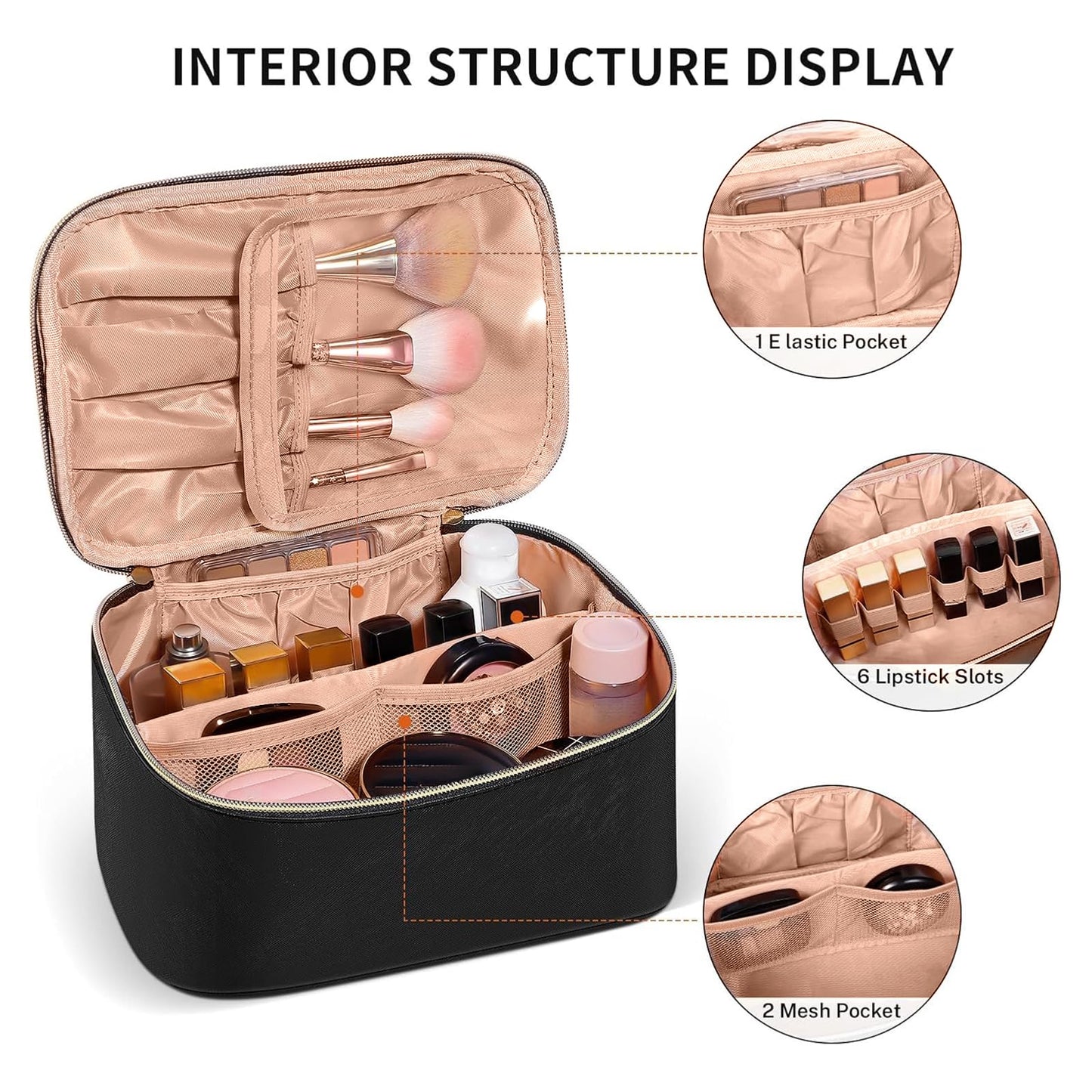 GLONCHX Makeup Bag, Portable Cosmetic Bag, Large Capacity Travel Makeup Case Organizer for Women and Girls, Train Case Makeup Bag for Toiletries for Traveling with Handle and Divider (Black)
