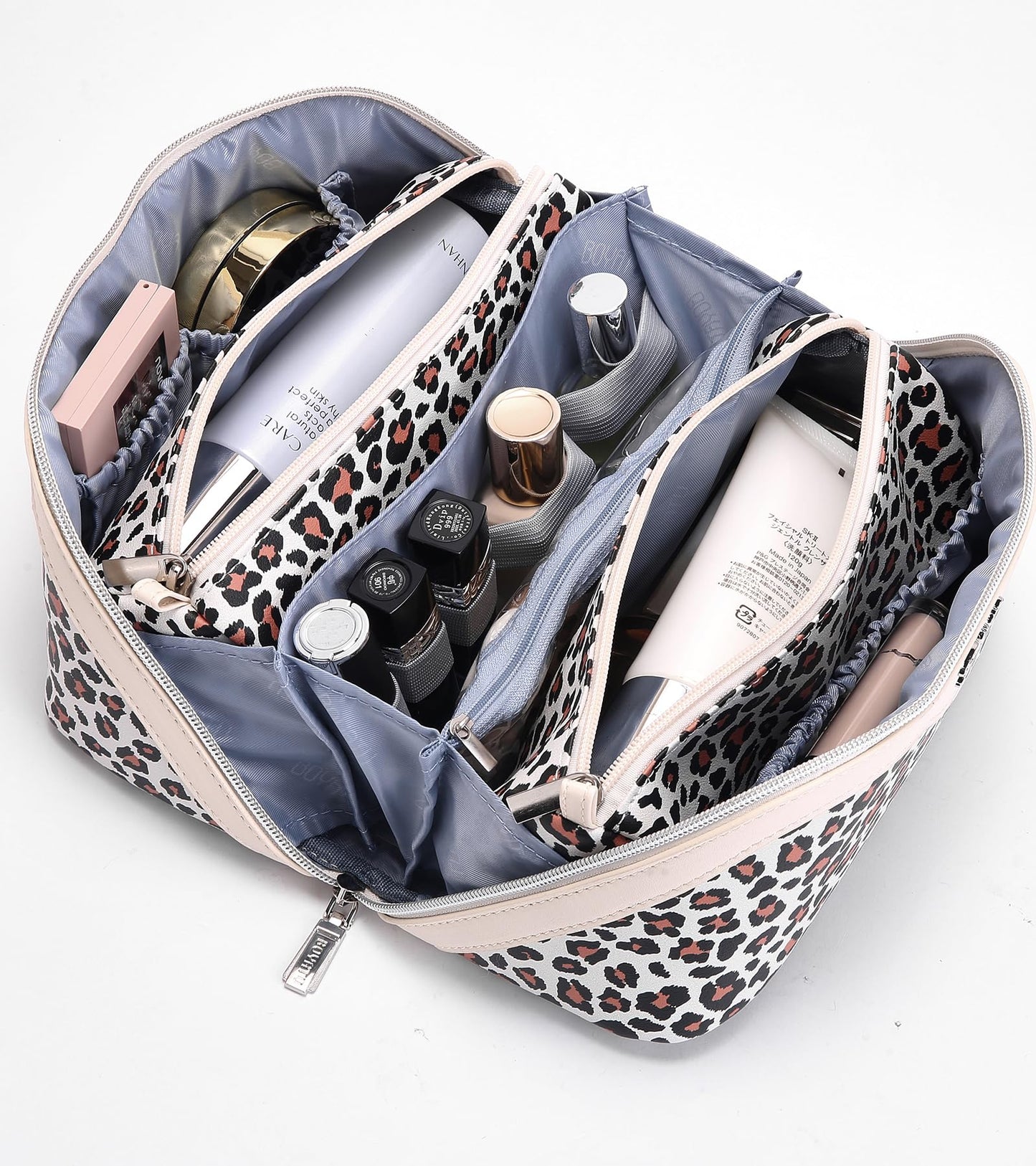 BOYATU Travel Makeup Bags Cosmetic Organizer Bag: 3 Pcs Set Large Capacity Make up Bag with Compartments - Waterproof Leather Toiletry Bags with Handle for Women (B-White)