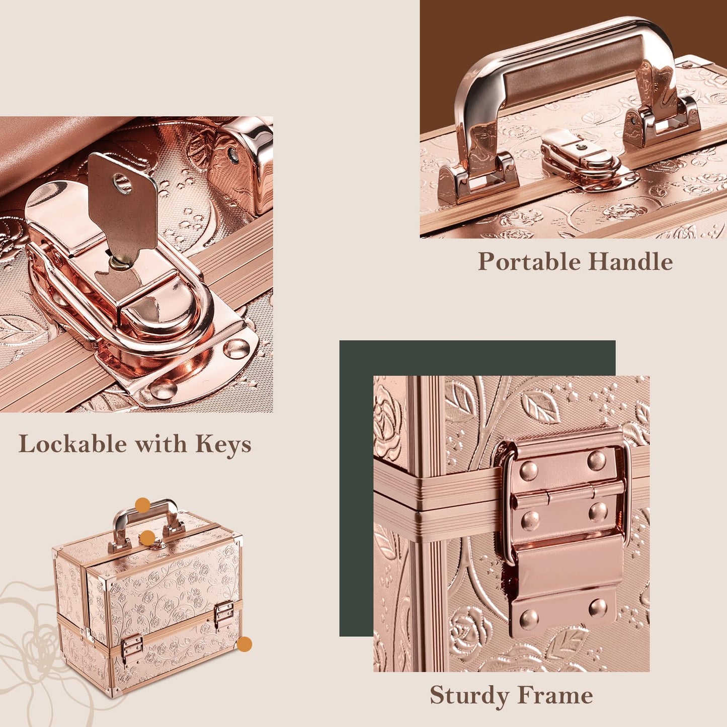 FRENESSA Makeup Case 11.8 Inch Makeup Organizer Case Large Cosmetic Box with Mirror Portable 3 Trays Travel Storage Box for Make Up Nail Tech Kits Cosmetology Case 3D Rose Gold Floral