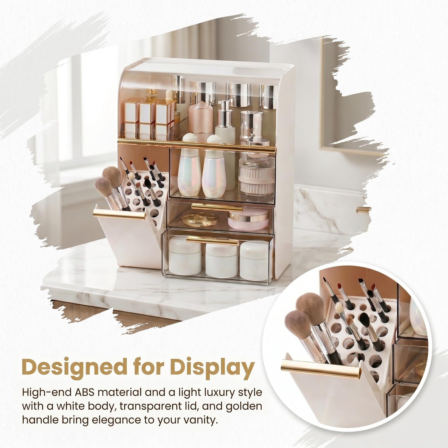 Large Cosmetic Display Case with Brush Holder,Holds 40+ Skincare & Beauty Essentials,6 Compartments & 2Drawers,Acrylic Makeup Dustproof Transparent Design