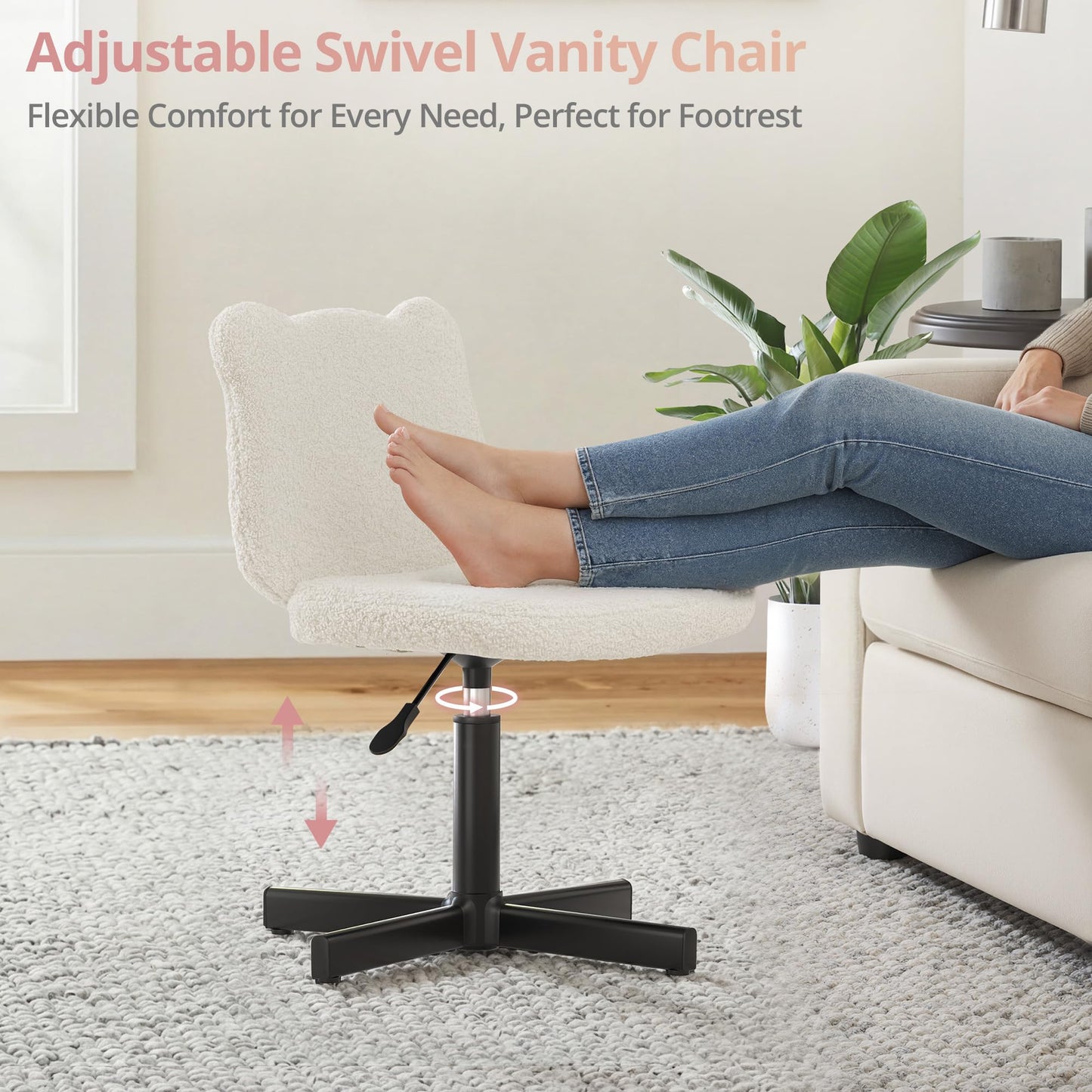 LUE BONA Adjustable Vanity Stool Chair with Girly Bear Ear Wide Back, 360° Swivel Vanity Stool for Makeup Room, Upholstered Teddy Velvet Ottoman for Teen Girls, 350lbs, Beige