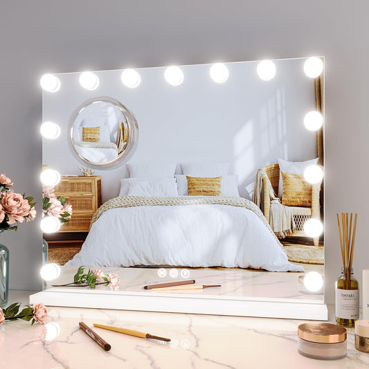 Aluminum Frame LED Makeup Mirror, 23x18 Lighted Vanity Mirror with 15 Dimmable LED Bulbs, 3 Color Modes, 3X Magnifying Mirror, Touch Dimmer, USB Type-C Port, Detachable Base, Wall Mountable