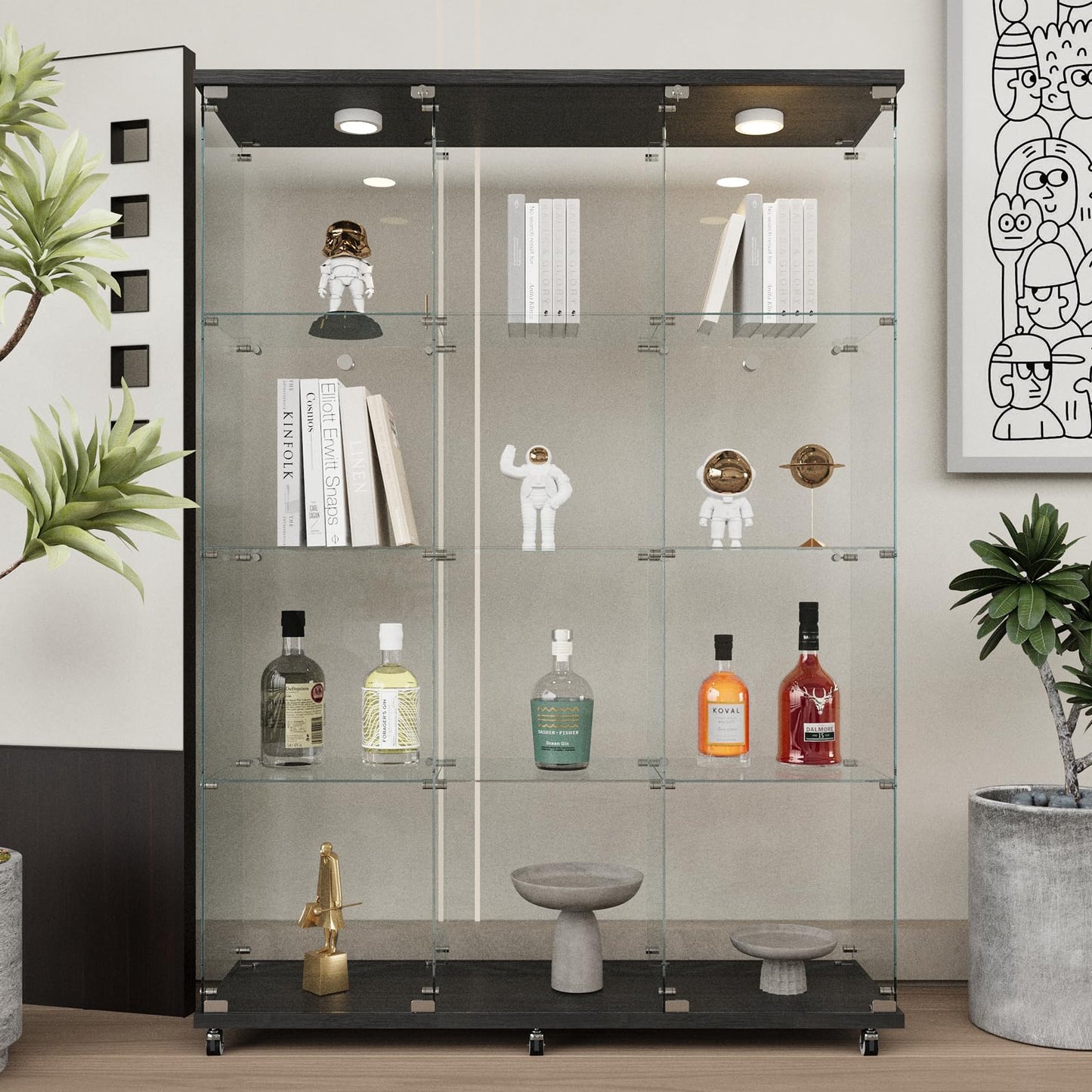 Beauty4U Glass Display Cabinet with LED Lights, Extra Large 3 Columns 2 Doors Curio Cabinets with 12 Shelves for Living Room, Bedroom, Office, Black Floor Standing DIY Glass Bookshelf