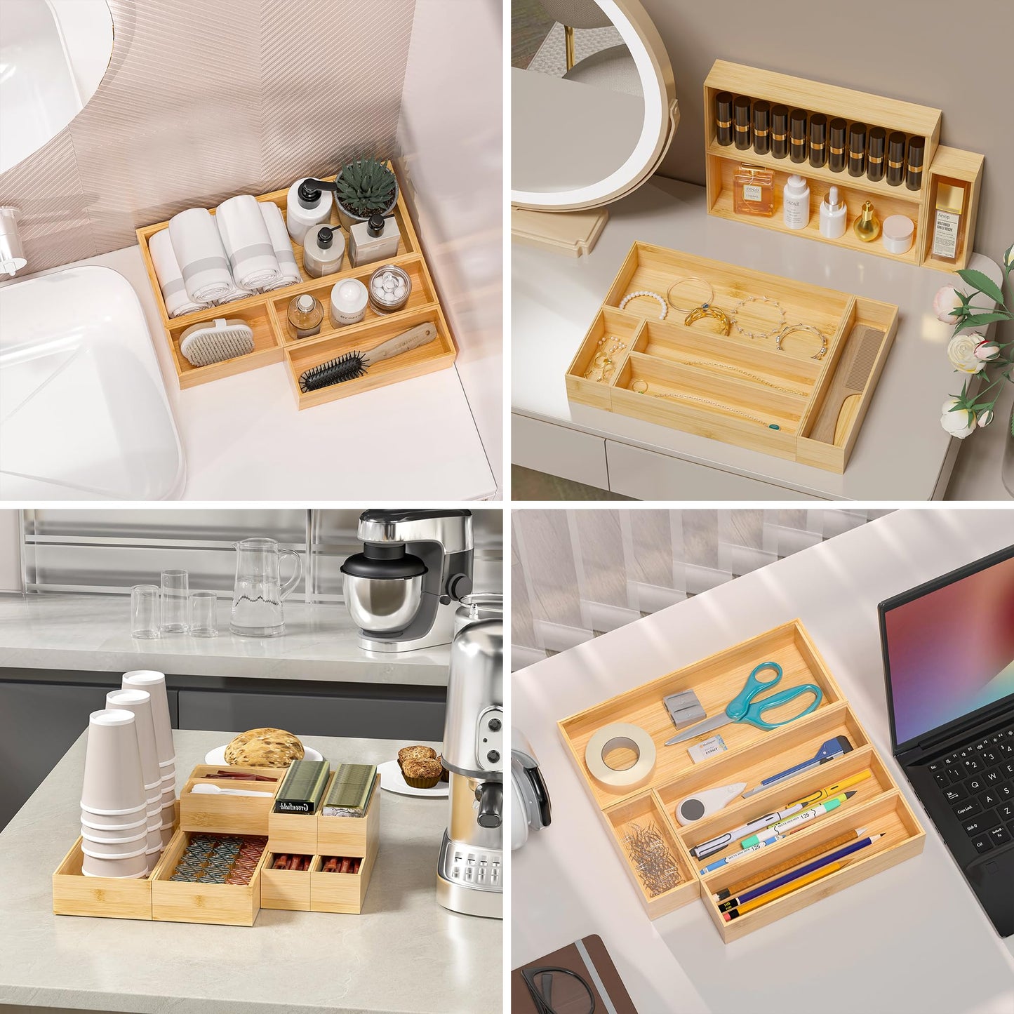 Greatseas Kitchen Drawer Organizer Bins, Stackable Bamboo Deep Drawer Organizer for Silverware, Utensils, Cutlery, Flatware, Junk Drawer, Dresser, Bathroom, 15" x 6" x 2.5" (Set of 2)