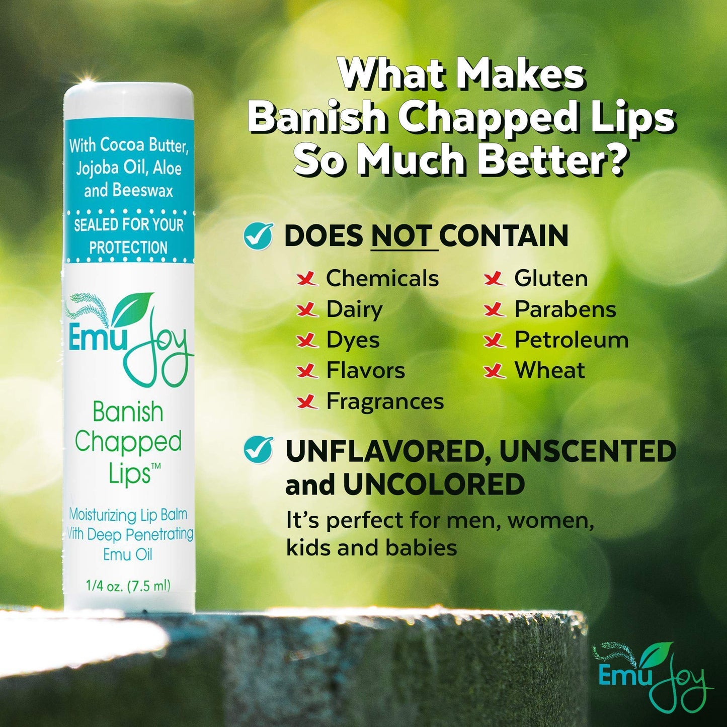 Emu Joy Banish Chapped Lips Moisturizing Lip Balm | Emu Oil, Coconut Oil & Beeswax | Petroleum Free, Paraben Free, Unscented | All Ages | 3 x 0.25 oz