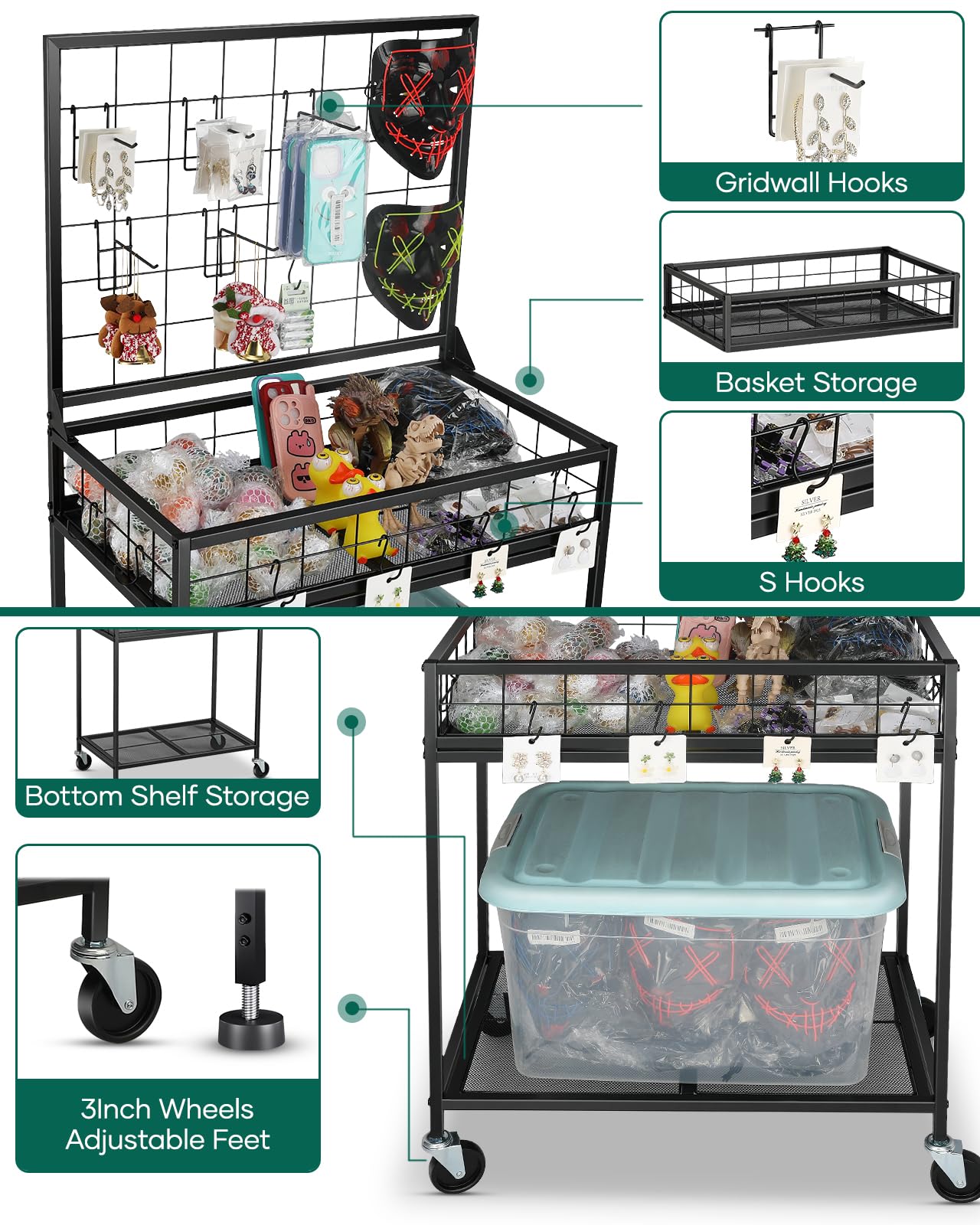 AHOWPD Grid Wall Panels Display Cart - Rolling Heavy Duty Metal Wire Grid Wall Display Stand Rack with 10 Hooks & 10 S Hooks for Craft Shows, Retail Art Fair and Flea Market (Black Cart, 1 pc)