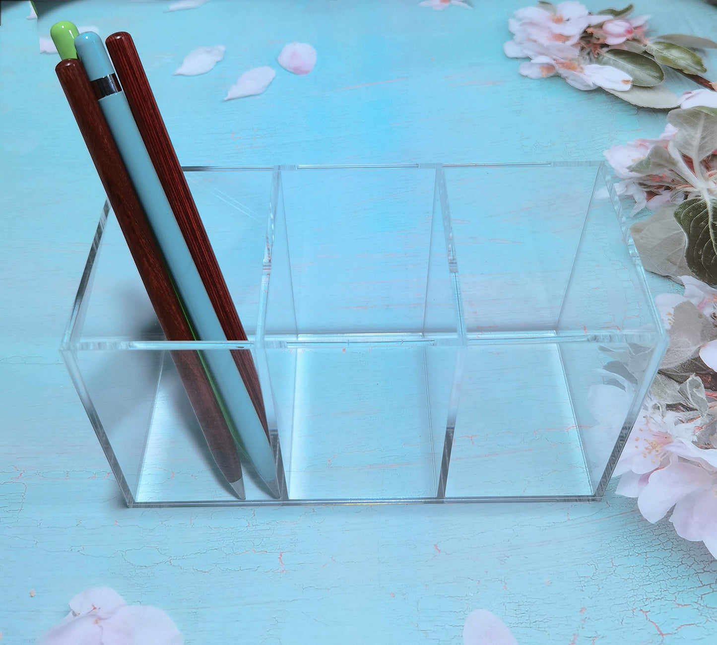 Acrylic Pen Holder Clear Pencil Organizer Makeup Brush Holder Countertop Desk Accessory Storage (3 Compartments)