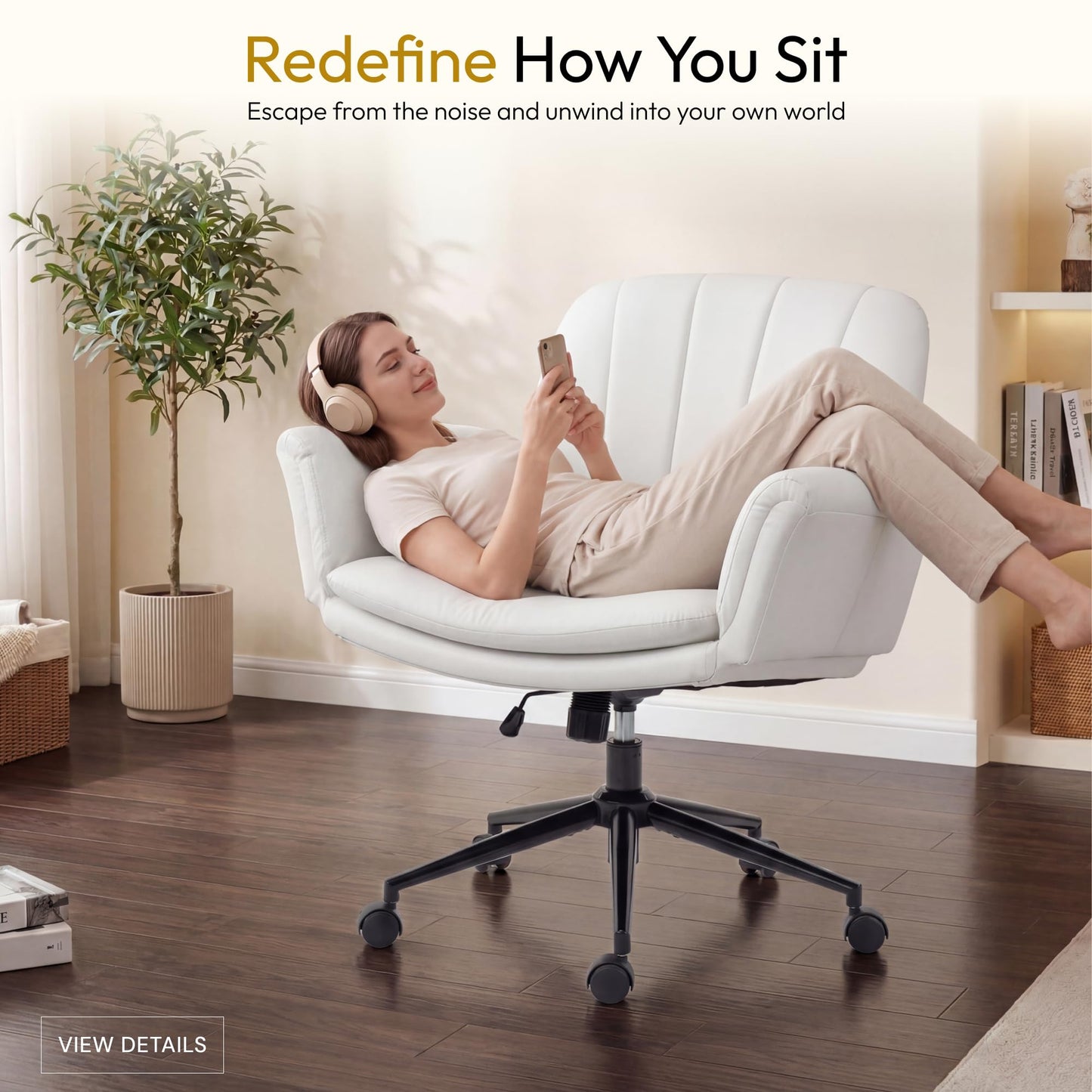 Dowinx Criss Cross Chair with Five-Level Adjustable Arms and Wheels - Comfortable Ergonomic PU Leather Swivel Vanity Chair - Computer Makeup Gaming Chair for Home Office, Bedroom, Vanity Room (Beide)