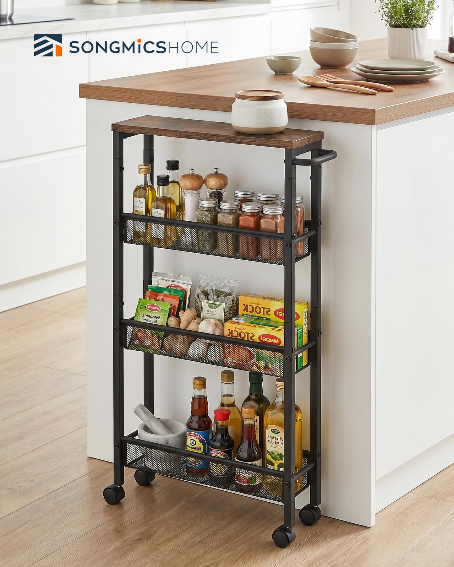 SONGMICS HOME Slim Rolling Cart, 4-Tier Storage Cart with Wheels and Handle, Narrow Utility Cart for Kitchen, Living Room, Brown and Black