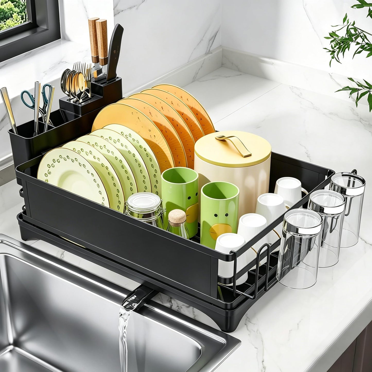 Simple Trending Dish Drying Rack, Space-Saving Large Dish Rack for Kitchen Counter, Anti-Rust Dish Drainer with Cutlery & Cup Holders, Black