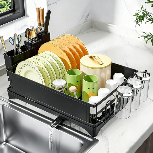 Simple Trending Dish Drying Rack, Space-Saving Large Dish Rack for Kitchen Counter, Anti-Rust Dish Drainer with Cutlery & Cup Holders, Black