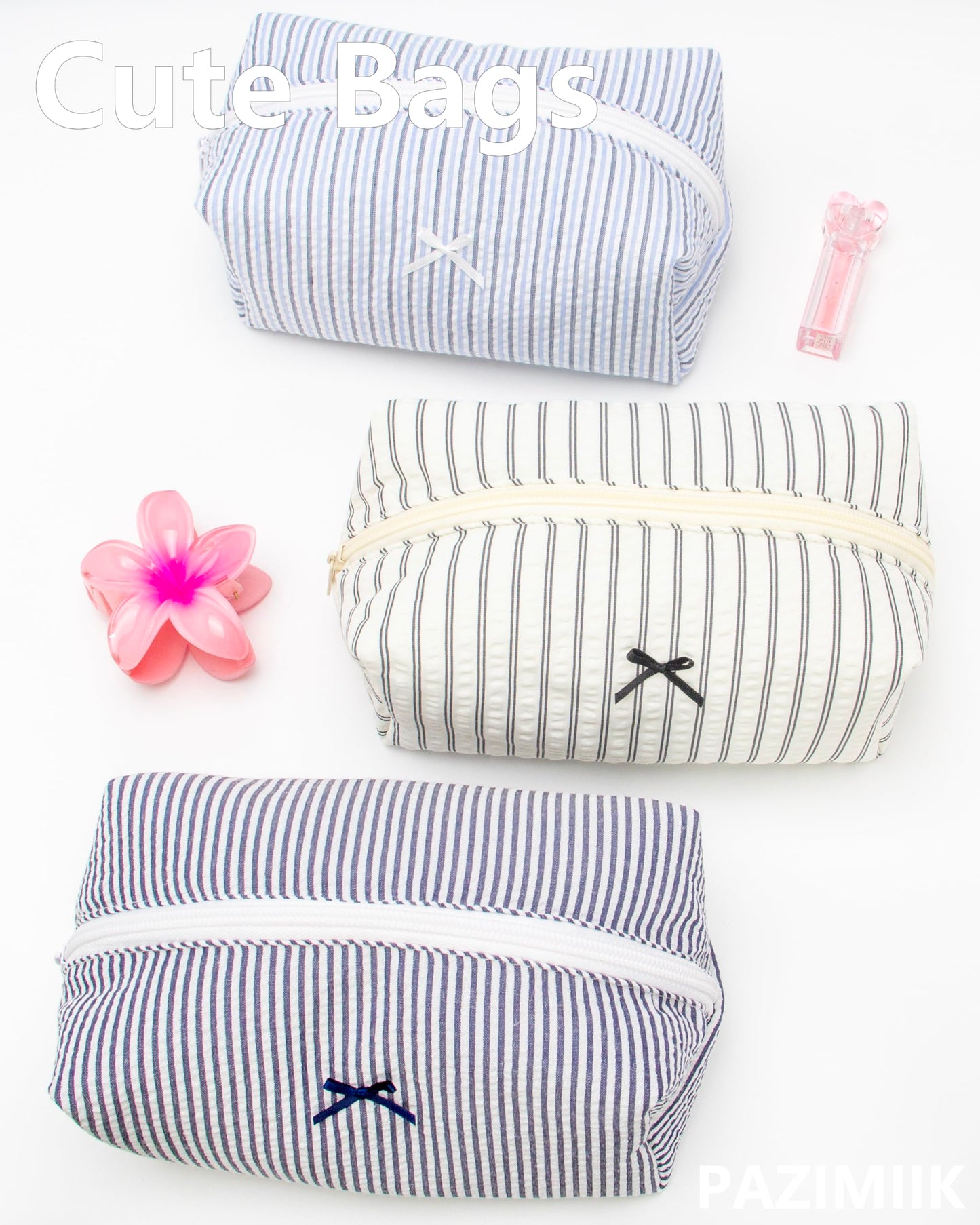 PAZIMIIK 6PCS Cozy Makeup Bag Small Aesthetic Travel Zipper Cosmetic Pouch for Women Make Up Beauty Accessories Brushes, Stripe Black