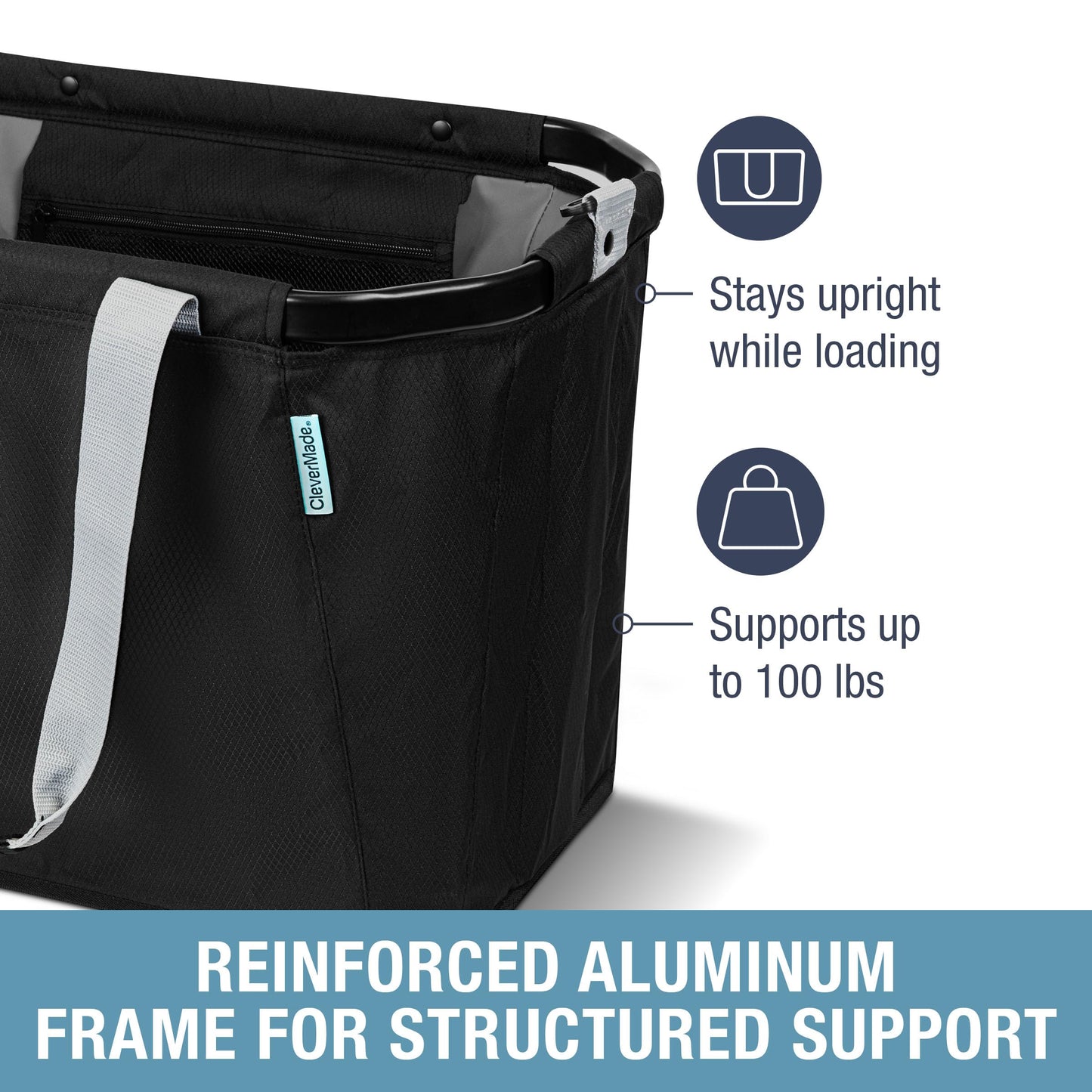 CleverMade Gear Hauler Pro Collapsible Outdoor Tote with Aluminum Frame, Heavy-Duty Recycled Fabric Utility Bag for Camping, Beach, Travel & Grocery Hauling, 14 Gal / 55L & 100 Lb Capacity - Midnight