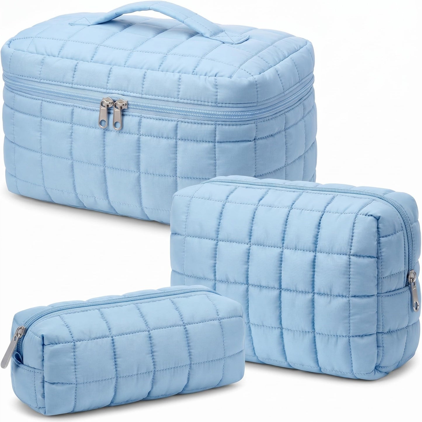 Huhumy 3 Pcs Large Puffy Makeup Bag Set Quilted Cosmetic Pouch for Women Cute Checkered Travel Toiletry Bag Puffer Makeup Organizer Purse Pouch Preppy Pencil Case with Zipper Valentine Gift(Blue)