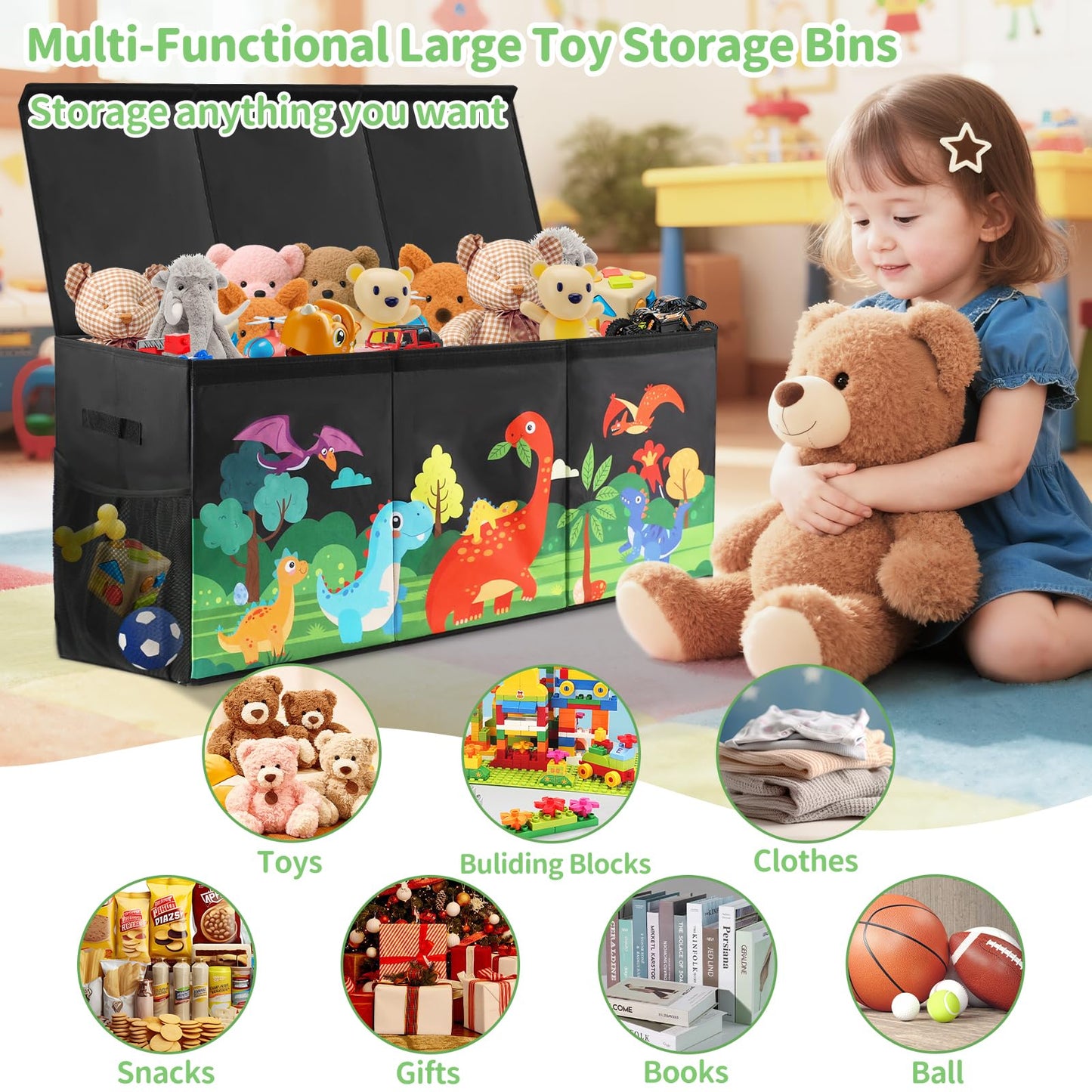 KORVAX Extra Large Kids Toy Box, Foldable Toy Organizer with Dividers & Lids, 148L Dinosaur Storage Bin for Toddlers Boys Girls, Collapsible Chest for Toys, Books, Bedroom, Playroom, Nursery Black