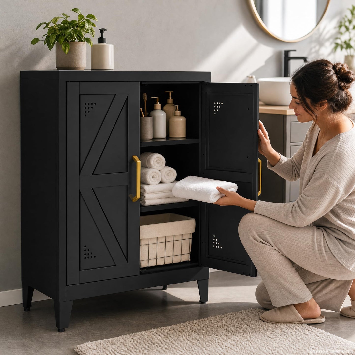 JHYKFG 32" Metal Kitchen Pantry Cabinet,Floor Bathroom Storage Cabinet with 2 Adjustable Shelves,Freestanding Sideboard for Small Spaces, Living Room, Hallway, Dining Room,Black