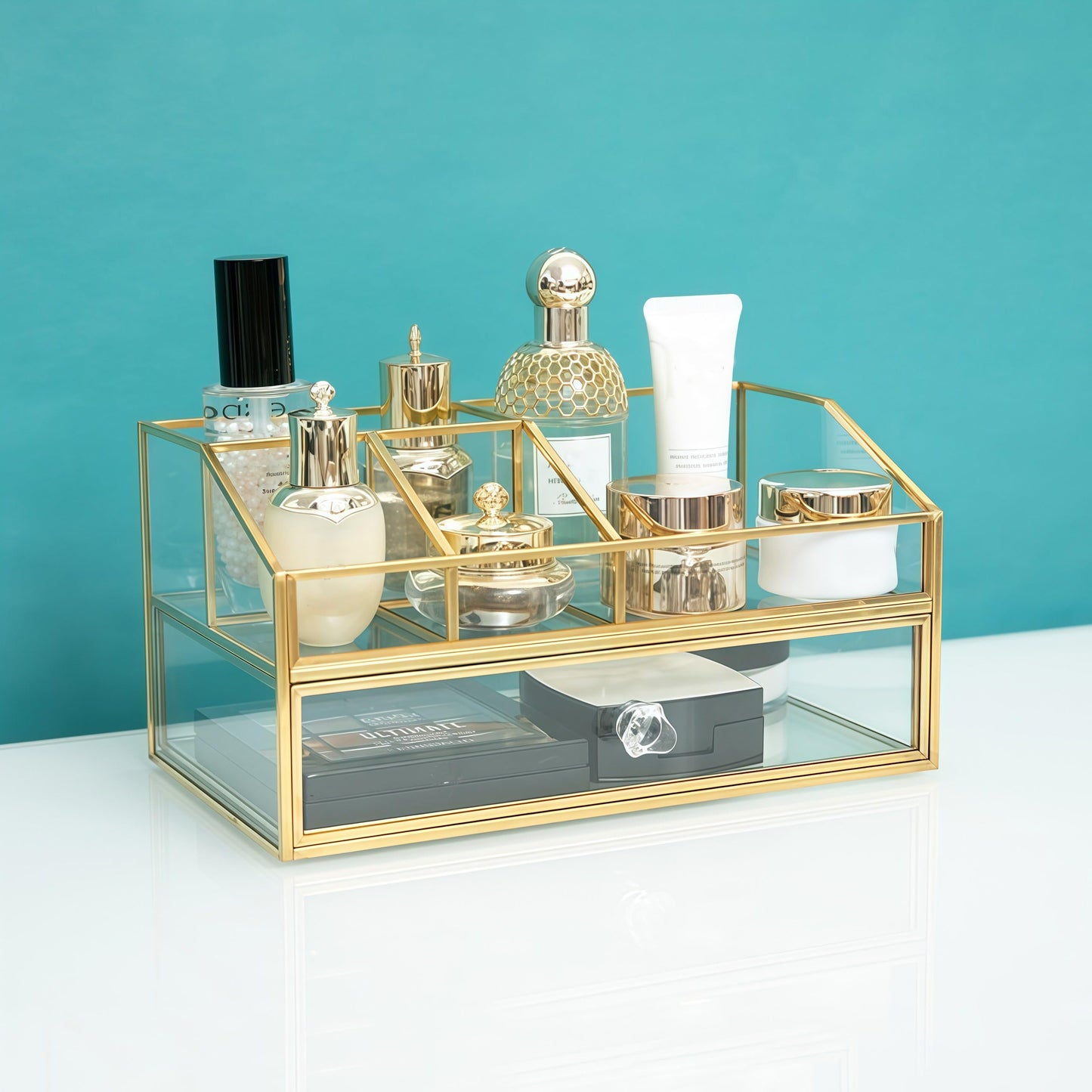 JIARI Glass Makeup Organizer with Drawer, Gold Brass Frame Jewelry Display Box, Nordic Style Cosmetic Storage for Vanity Bathroom Bedroom Office, 9.44x5.43x4.92 Inches (Storage Box-2 Tier)