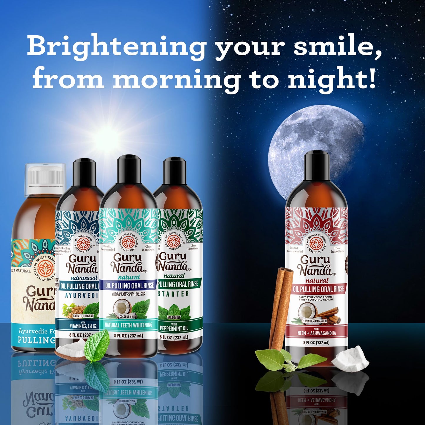 GuruNanda Starter Pulling Oil Mouthwash for Natural Teeth Whitening, Coconut and Peppermint Oil for Fresh Breath & Happy Gums, with Tongue Scraper, Alcohol-Free, 2X8 Oz