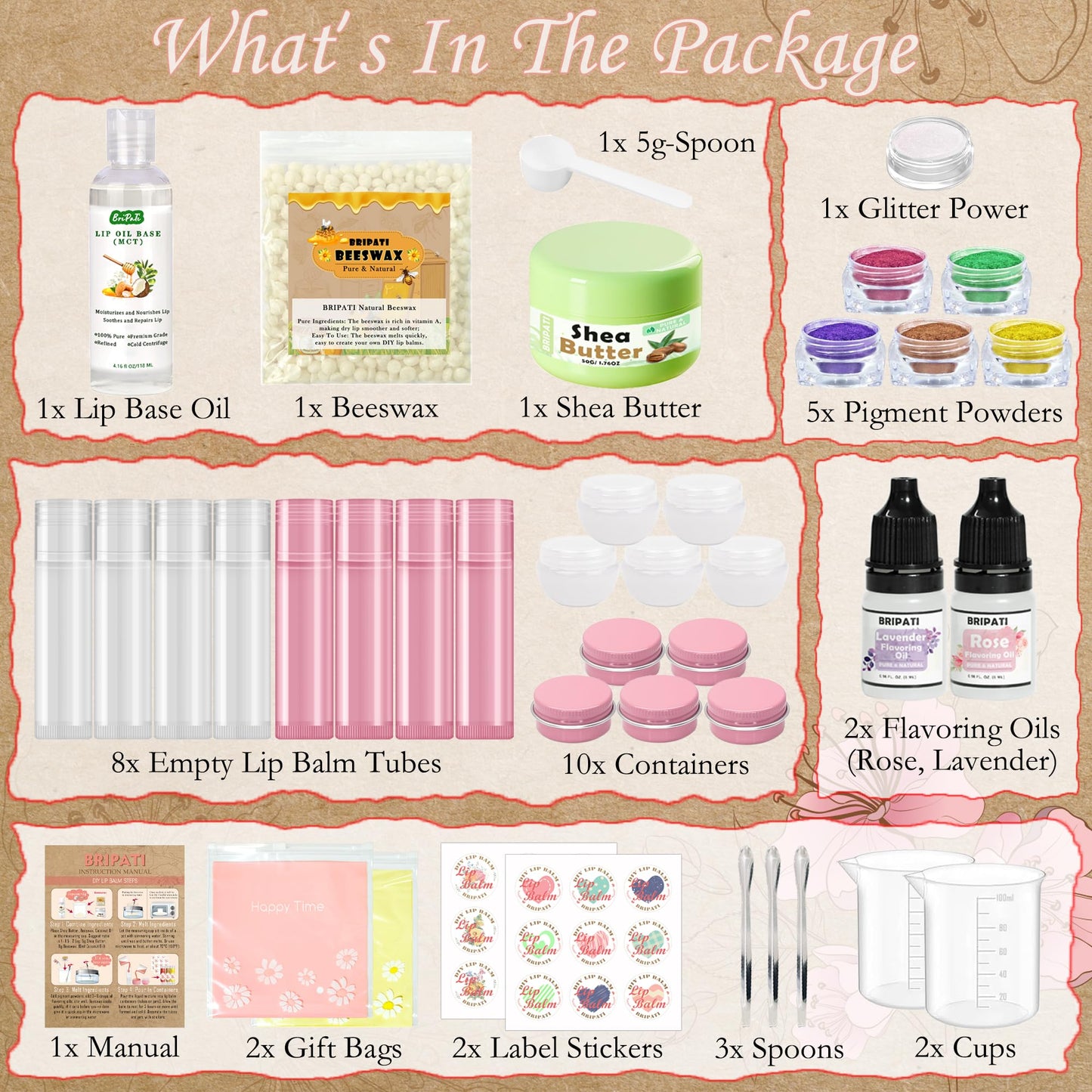BRIPATI DIY Lip Balm Making Kit for Adults to Make Your Own Moisturizing Lip Balms Craft Kits with Natural Beeswax, Flavoring Oil, Empty Lip Balm Tubes Jars, Birthday Christmas Mother’s Day Gift