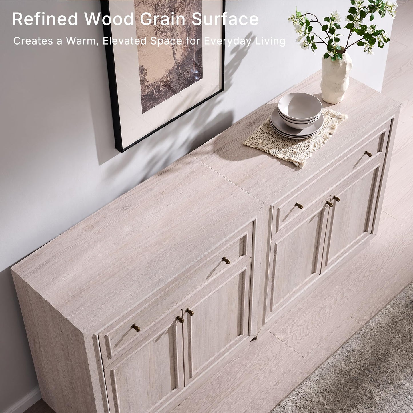 ACCOHOHO Modern Farmhouse Buffet Cabinet, 126" Sideboard Credenza, Modular Storage Cabinet with Framed Panel Fronts, Adjustable Shelves & Dual Base Design, White Alder