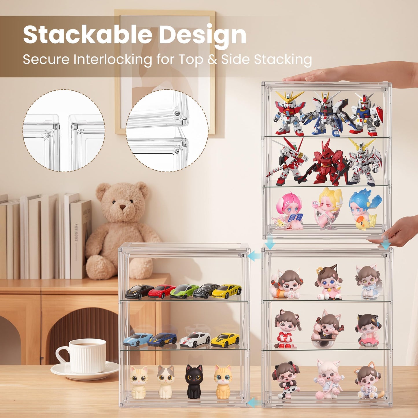 TimberAura 3-Tier Acrylic Display Case for Figures, Wall-Mounted Clear Action Figure Storage Organizer with Magnetic Door & 2 Adjustable Shelves, Dustproof Showcase for Collectibles, 1 Pack