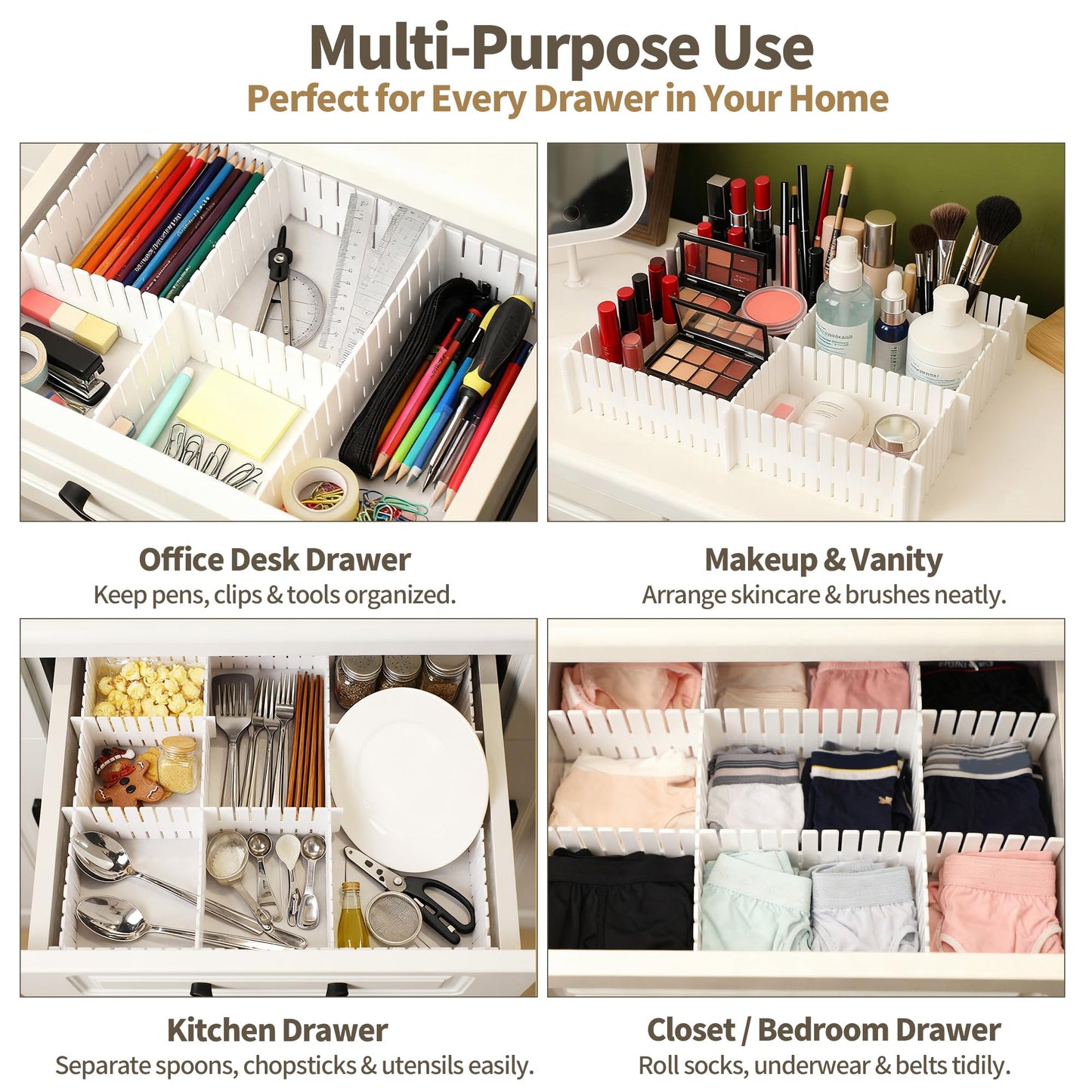 Bofoho Drawer Divider Adjustable Diy Storage Organizer Separator for Tidying Clutter Cutlery Makeup Clothes of Dresses, Desk & Box in Kitchen Bathroom Bedroom Office (Cut at Will) (White 32PCS)