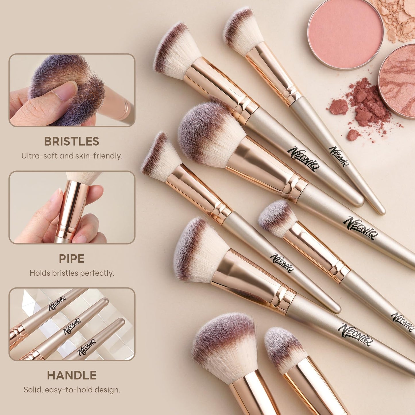 NEONIQ 25PCS Makeup Brushes Set with Travel Case, Professional Makeup Brush Kit for Foundation, Concealer, Powder, Eyeshadow & Blush, Essential Cosmetic Tools, Portable Travel Gift Set (Gold)