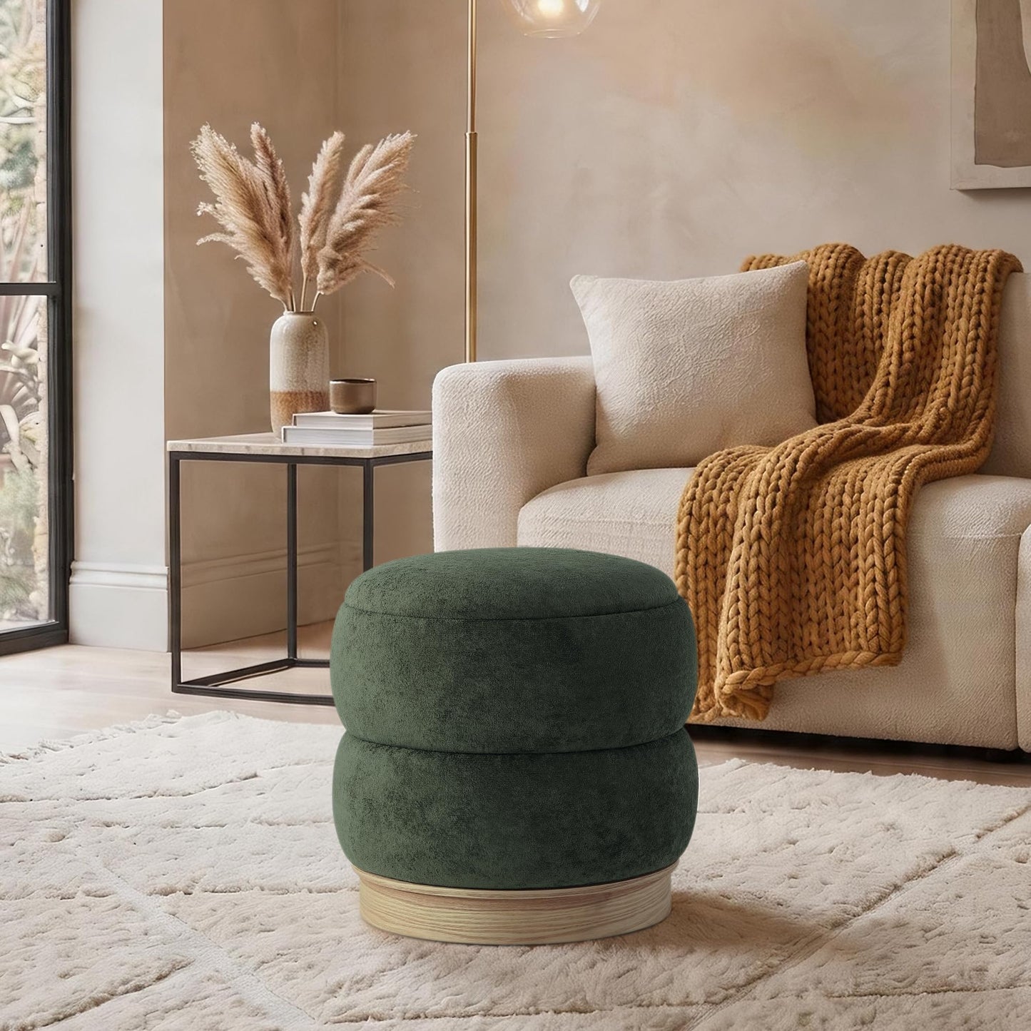 Get Set Style Round Ottoman with Wooden Base, Storage Vanity Stool for Makeup, Upholstered Footrest Stool Ottoman Foot Stool for Living Room, Bedroom