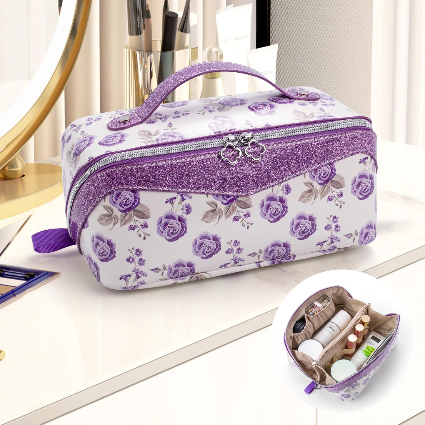 Mrsdry Travel Makeup Bag，Large-capacity waterproof cosmetic bag，Travel bags and toiletries bags for women，PU leather material，Multi-zone and large opening design (Purple flower)