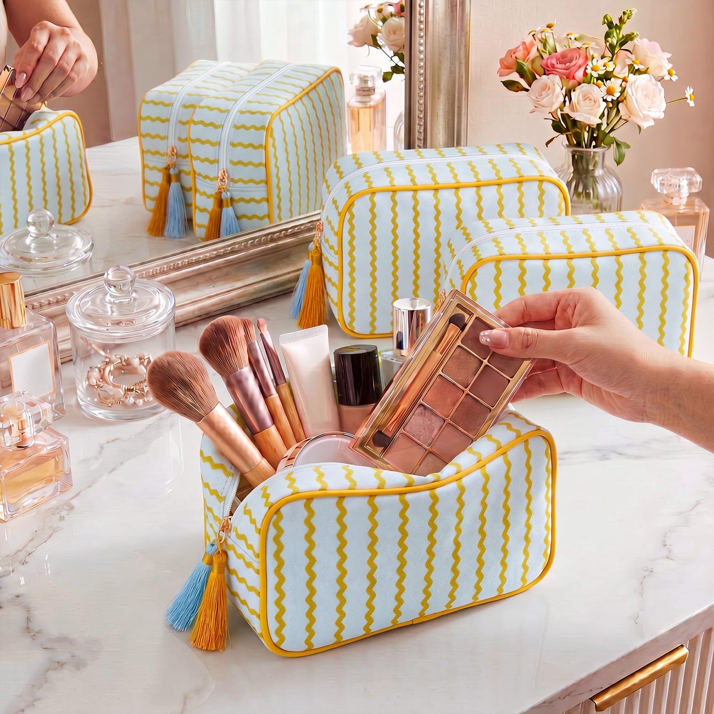 Kacctyen 6 Pack Mustard Yellow and Sage Green Striped Makeup Bag bulk with Tassel Travel Cosmetic Pouch Organizer Large Zipper Toiletry Case for Women Aesthetic Storage Pouch Mahjong Tile Bag