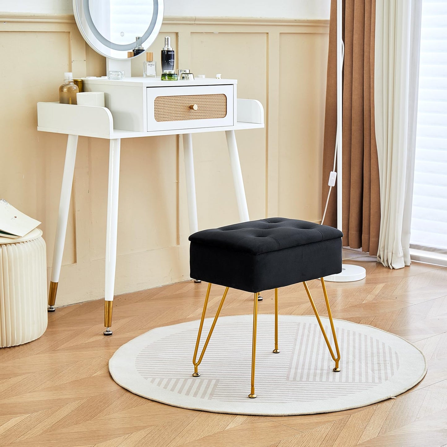 ALeesing Vanity Stool with Storage, Velvet Makeup Stool with Flip Top, Square Ottoman Chair with Metal Legs & Adjustable Feet for Bedroom Living Room, Black