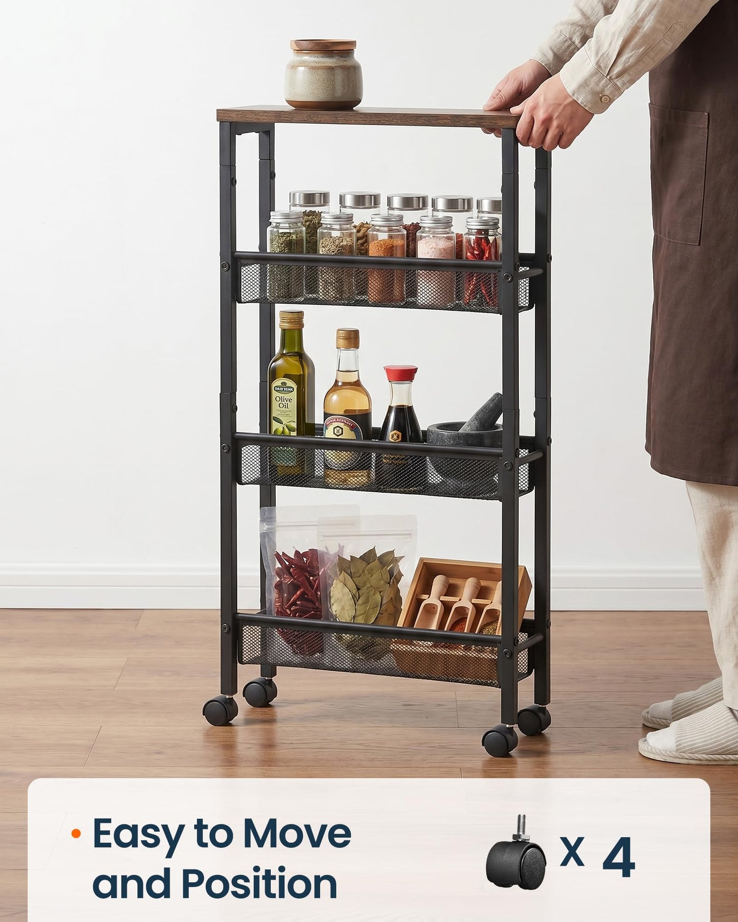 SONGMICS HOME Slim Rolling Cart, 4-Tier Storage Cart with Wheels and Handle, Narrow Utility Cart for Kitchen, Living Room, Brown and Black