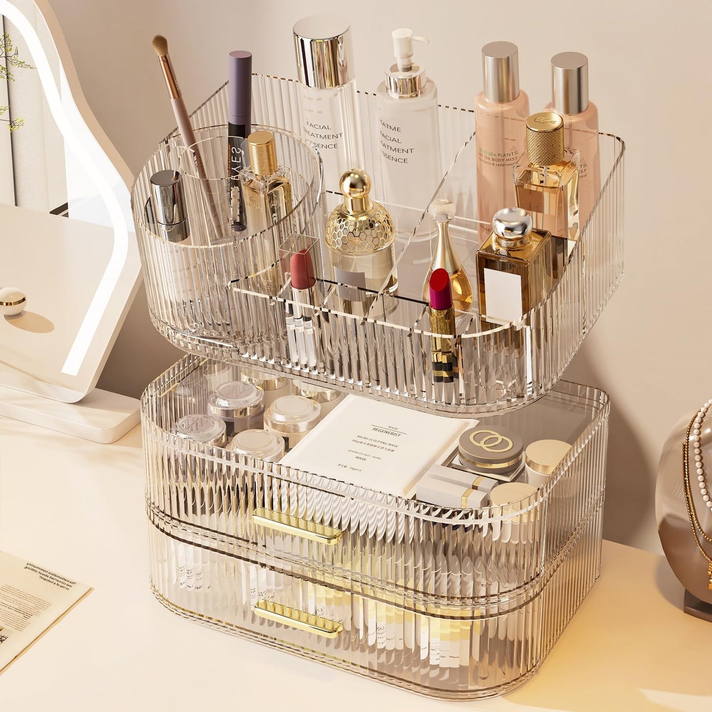 SpaceLuxe Large Makeup Organizer with Drawers, 360° Rotating Brush Holder
