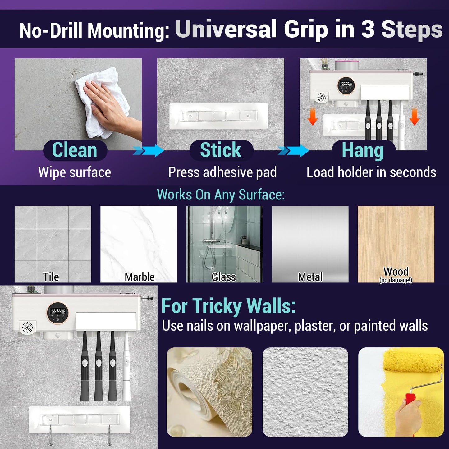 Toothbrush Cleaner and Holder for Bathrooms Wall Mounted with Fan Drying&30min Timing Function Cruise Air Drying,Electric Toothbrush Holder with 4Toothbrush Slots,Toothpaste Dispenser with Led Smart
