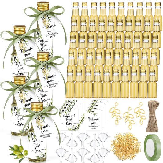 Suclain 50 Set Mini Olive Oil Favor Bottles 2 oz Small Homemade Olive Oil Plastic Bottles with Caps Funnels and Tags Reusable Containers for Greek Wedding Baby Shower Favors